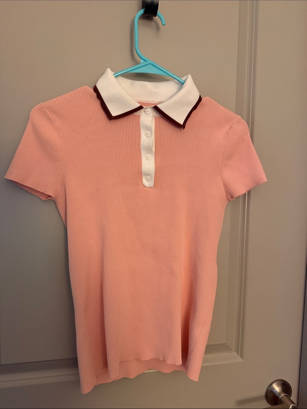 SIZE M Pink Ribbed Polo Top with Contrast Collar